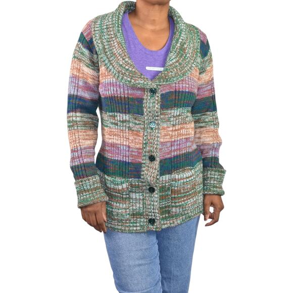 Vintage Hand Loomed Knit Cardigan Sweater Green Marled Rainbow Stripe 70s Medium - Picture 11 of 16